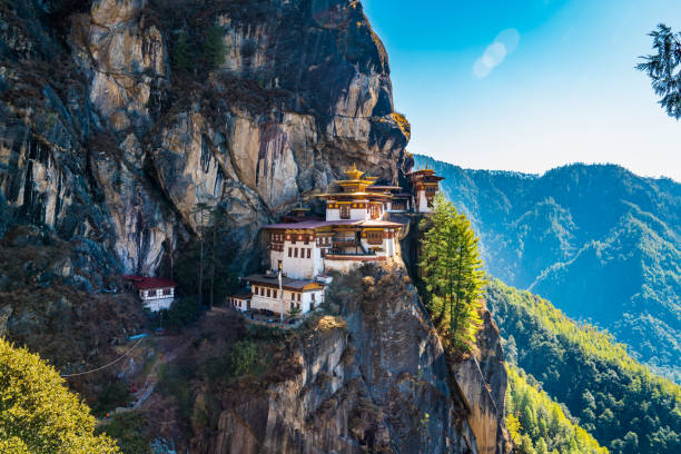 Close view of the Tigers Nest Monastery in Bhutan as seen from the opposite side of the mountain