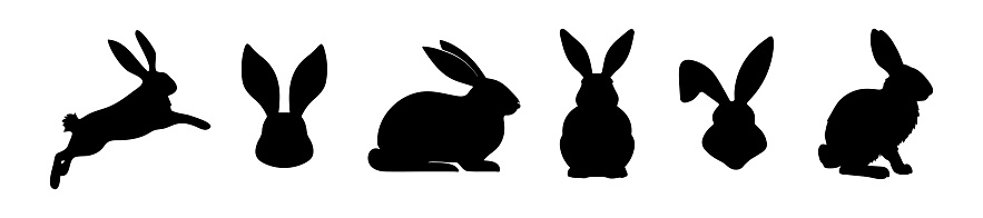 Set of Rabbit silhouettes. Easter bunnies. Isolated on a white backdrop. A simple black icons of hares. Cute animals. Ideal for logo, emblem, pictogram, print, design element for greeting card.