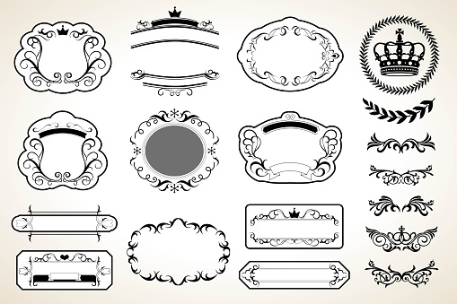 Vintage typographic design elements set. Retro ribbons, labels and badges,luxury ornate logo symbols, vector illustration