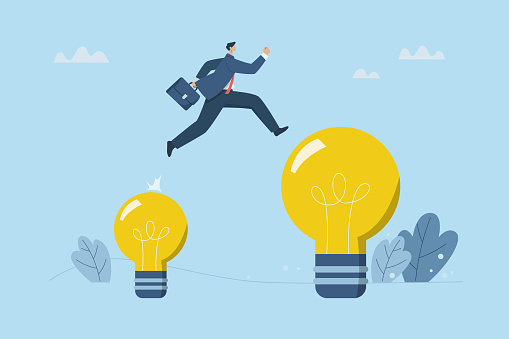 Transcending from ordinary thinking to greater thinking, Creating opportunities for business and career success, Businessman jumps from small light bulb to bigger light bulb. Vector illustration.