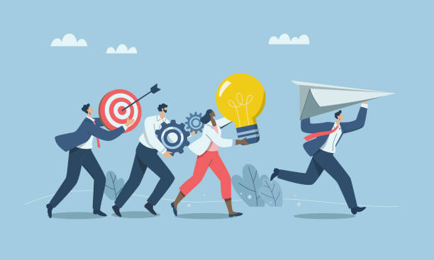 bildbanksillustrationer, clip art samt tecknat material och ikoner med working as team with creative thinking, solving problems in organizations, launching new project or new product, group of business people running holding paper airplanes, light bulbs, gears, targets. - ledarskap