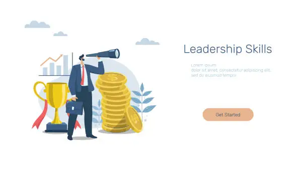 Vector illustration of Finding business goals, Investment growth, economic analysis, Advertising design concept, banners, mobile apps, web templates. Business leaders are looking into the distance. Vector illustration.