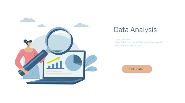 Vector illustration of Market data trend analysis, Analyze reports, graphs, charts, and other business data. Businesswoman analyzes financial trend graphs and charts with magnifying glass. Vector design illustrator.