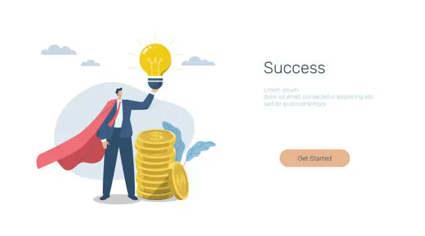 Vector illustration of Creativity and inspiration lead to success in work, Creating opportunities for companies to grow and prosper, Advertising media, Banner, Mobile app, Web. Businessman hold light bulb with gold coins.
