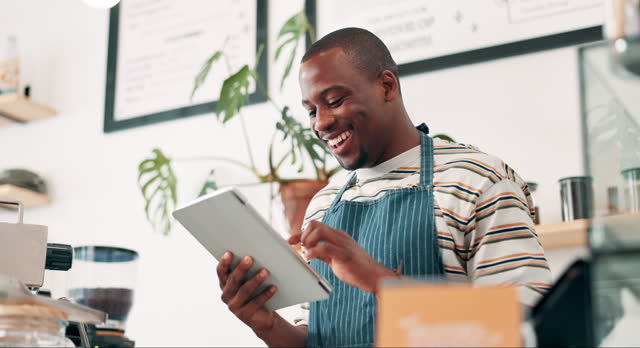Barista, black man or tablet for coffee shop menu or online order or website in cafe or startup. Small business owner, happy or waiter with technology for stock inventory or price checklist in store