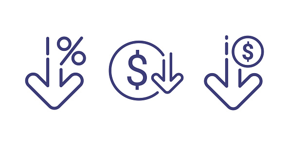 Cost reduction icon price lower arrow. Vector low cost money crisis line icon.