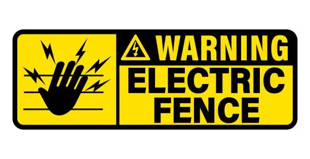 Vector illustration of Warning, electric fence. Caution and safety sign with symbols of hand, wire and lightnings. Text on the right.