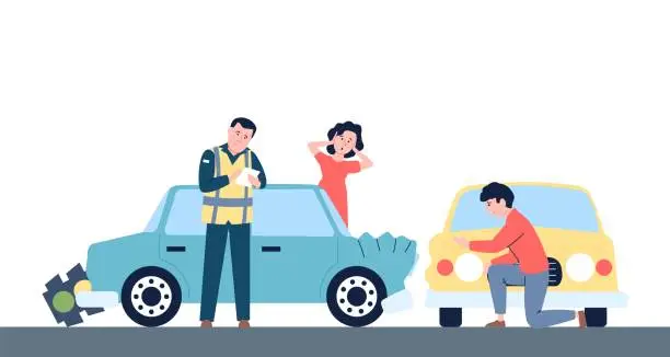 Vector illustration of Car accidents. Drivers and road police, broken cars. Traffic police officer issues fine for accident. Woman driver in shock and sad man, vector scene