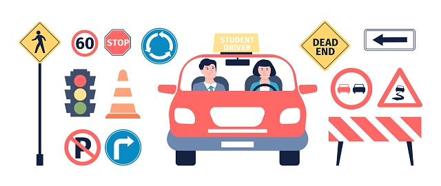 Driver Instructed Car Sign Traffic Road Signs Driving School Elements Young Drive Female Student ...