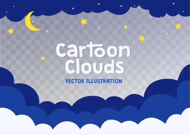 Vector illustration of Dreamy night sky background. Cartoon style scene with white fluffy clouds, moon and stars on transparent background.