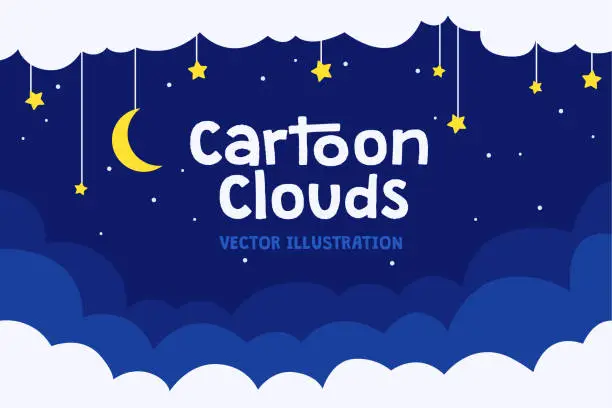 Vector illustration of Dreamy night sky background. Cartoon style scene with white fluffy clouds, moon and stars. Relaxing cute midnight sky scenery.