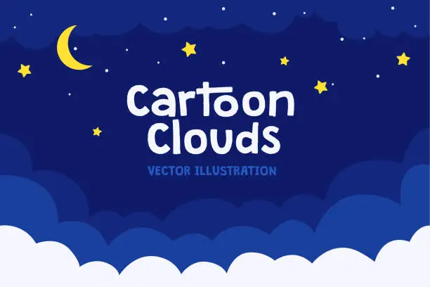 Vector illustration of Dreamy night sky background. Cartoon style scene with white fluffy clouds, moon and stars. Relaxing cute midnight sky scenery.