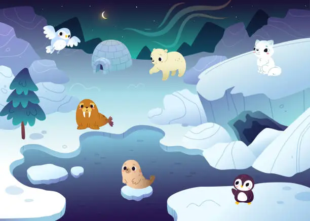 Vector illustration of Cartoon arctic night landscape with cute baby animals. Northern vector background with funny animals.