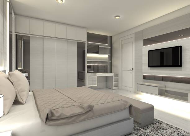 istock Modern Interior Master Bedroom with Clothes Wardrobe and TV Cabinet 2012717507