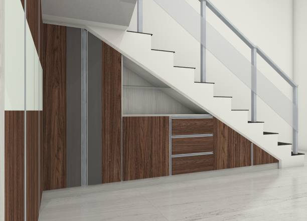 Rustic Staircase Storage Cabinet Design with Wooden Doors Furnishing