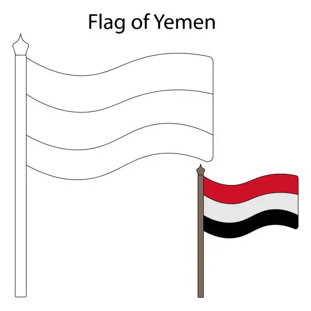 Vector illustration of Flag of Yemen. Fabric made of three horizontal stripes. The national symbol. Cartoon style.