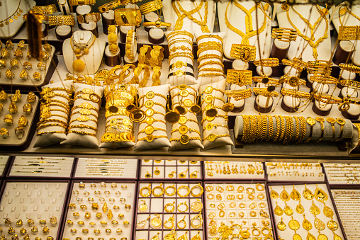 Discover the opulence of Turkish culture with lots of gold jewellery, a stunning display of timeless beauty, intricate craftsmanship, and cultural elegance in the bazaar.