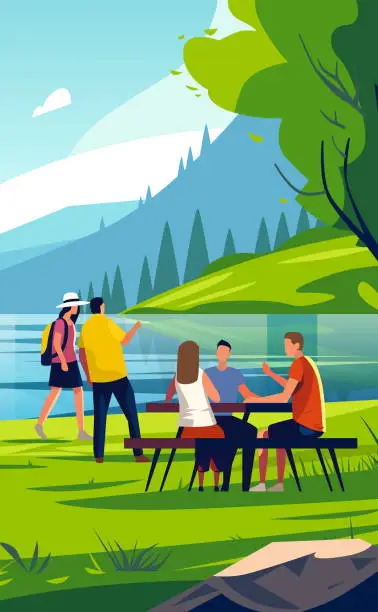 Vector illustration of people relaxing in park or river bank with wooden benches and tables tourists resting outdoors summer landscape background