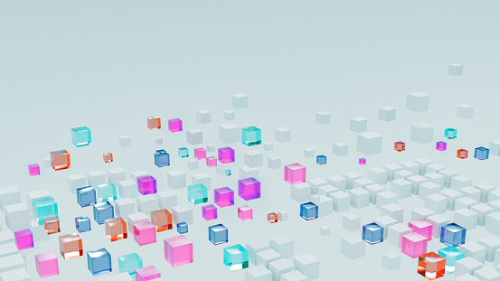 Abstract image of boxes floating in the air. Some of the boxes are white, while others are different colors like blue, pink and orange. Concept of technology and fin tech.
