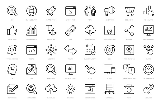 SEO - search engine optimization thin line icons set. seo icon collection. Search optimization symbol. Editable stroke icons vector