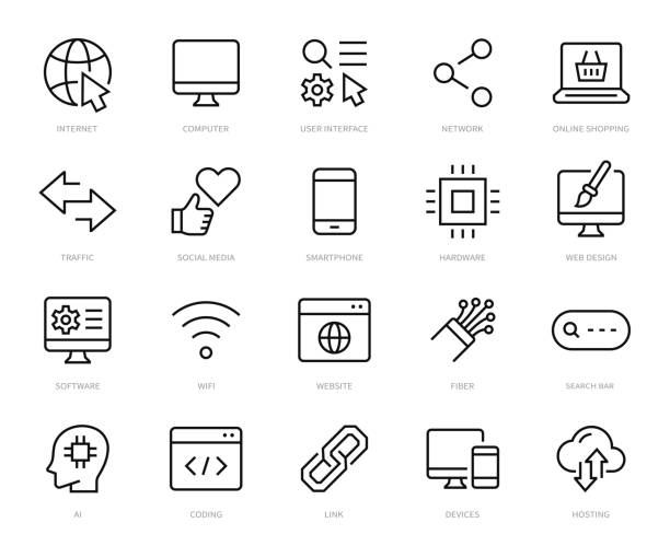 sada ikon internetu. internet, webové stránky, počítač, síť, web, software, programování, ikona tenké čáry hardwaru. vektor - výroba aktivita stock ilustrace