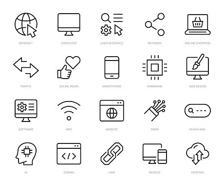 Internet icons set. internet, website, computer, network, web, software, programming, hardware thin line icon. Vector illustration
