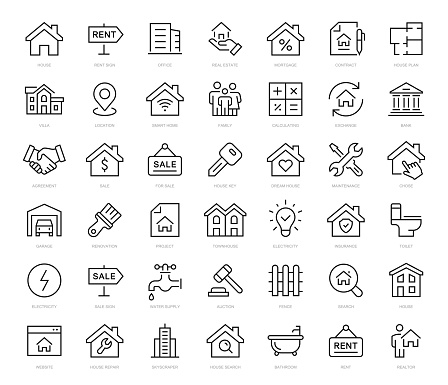 Real Estate thin line icons set. Real estate symbols set. House, home, mortgage, agent, plan, real estate agent icon. Real estate editable stroke icon. Vector illustration