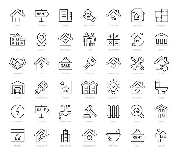 Real Estate thin line icons set. Real estate symbols set. House, home, mortgage, agent, plan, real estate agent icon. Real estate editable stroke icon. Vector Real Estate thin line icons set. Real estate symbols set. House, home, mortgage, agent, plan, real estate agent icon. Real estate editable stroke icon. Vector illustration agent icon stock illustrations
