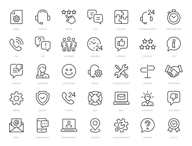 ilustraciones, imágenes clip art, dibujos animados e iconos de stock de conjunto de iconos de línea delgada de soporte y servicio al cliente. soporte, servicio de colección de iconos de trazo editables. vector - servicio