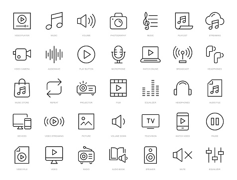 Video & Audio thin line icons set. Audio, Video editable stroke icon. Vector illustration