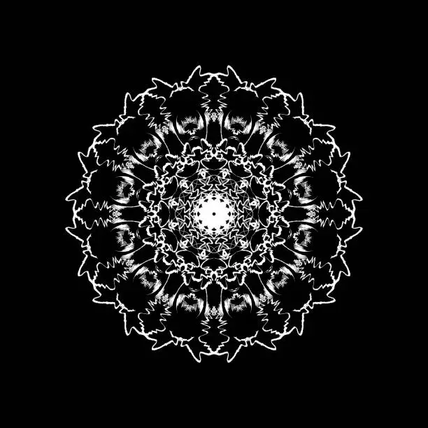 Vector illustration of Ornamental round symbol in White. Mandala in white on black background. Ornamental circular symbol. Vector