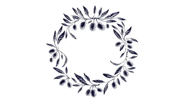 Vector illustration of Olive branch, berry imprint Grunge circle symbol