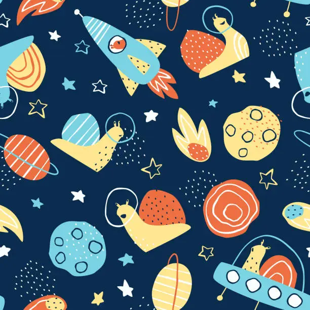 Vector illustration of Seamless pattern of snails traveling in space on a dark background