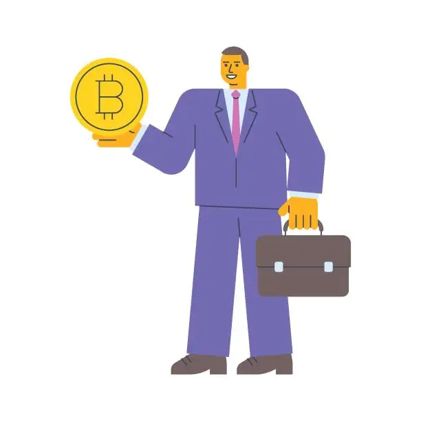 Vector illustration of Businessman holding gold coin with bitcoin sign holding suitcase
