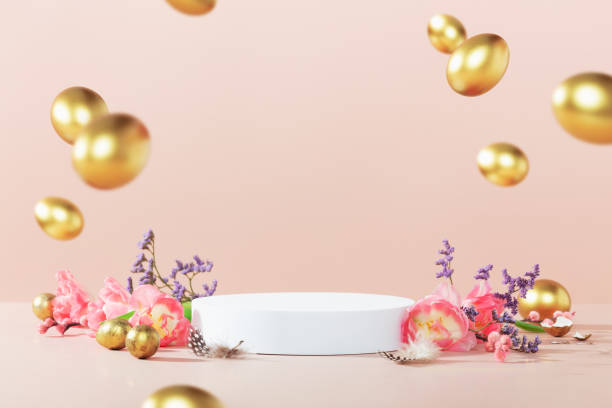 istock Empty round podium, easter gold eggs with spring tulip flowers on a pink background 2012753083