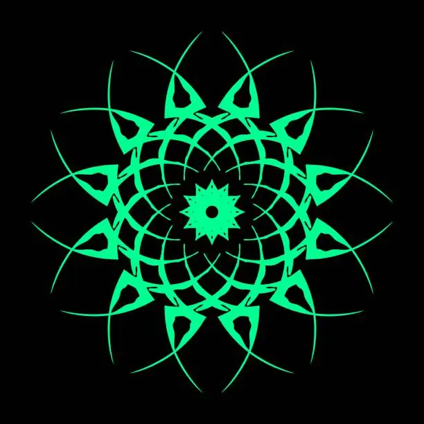 Vector illustration of Ornamental circular symbol. Mandala in green color on black background. Ornamental circular symbol. Vector