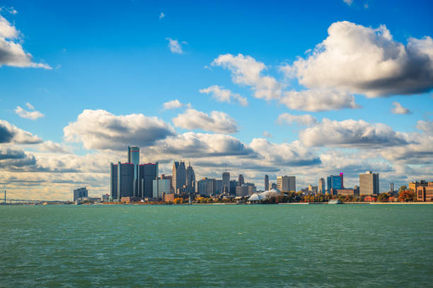 Detroit, Michigan, USA downtown city skyline on the Detroit River.