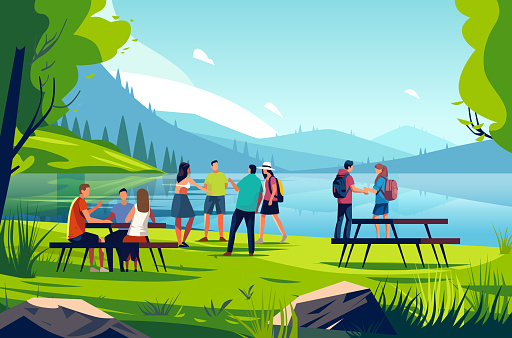 people relaxing in park or river bank with wooden benches and tables tourists resting outdoors summer landscape background horizontal vector illustration