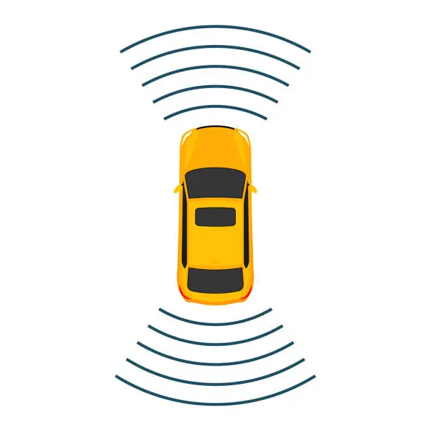 Vector illustration of Autonomous car top view futuristic system guidance above. Autonomous car park smart assist icon.