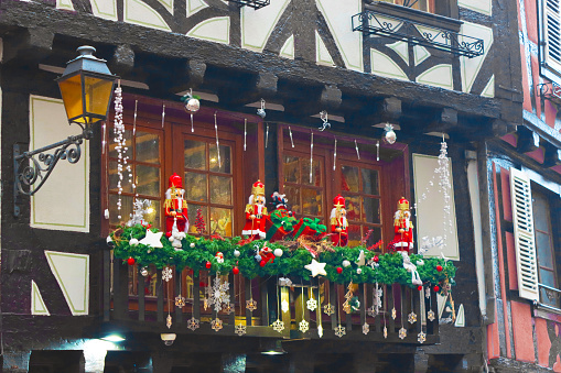 Closed market stalls at Christmas Market in Colmar, Alsace, France