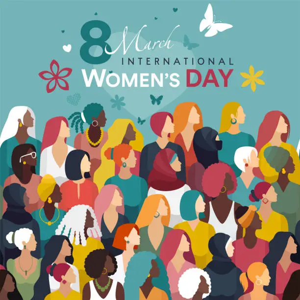 Vector illustration of International Women’s Day banner design with a multi-racial group of women.