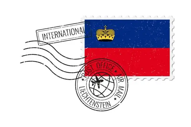 Vector illustration of Liechtenstein grunge postage stamp. Vintage postcard vector illustration with Liechtenstein national flag isolated on white background. Retro style.