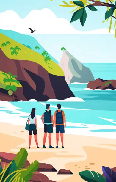 Vector illustration of tourists standing on beach and enjoying sea scenic panorama with landscape island summer vacation time to travel concept