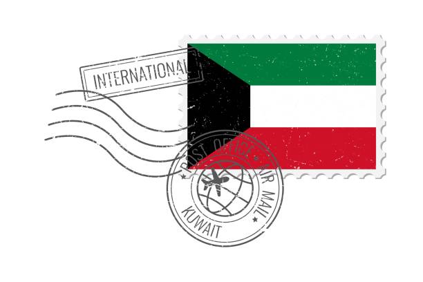 kuwait grunge postage stamp. vintage postcard vector illustration with kuwaiti national flag isolated on white background. retro style. - postage stamp design element mail white background stock illustrations