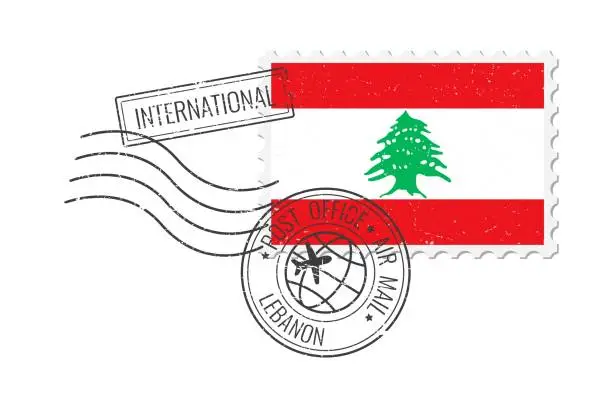 Vector illustration of Lebanon grunge postage stamp. Vintage postcard vector illustration with Lebanese national flag isolated on white background. Retro style.