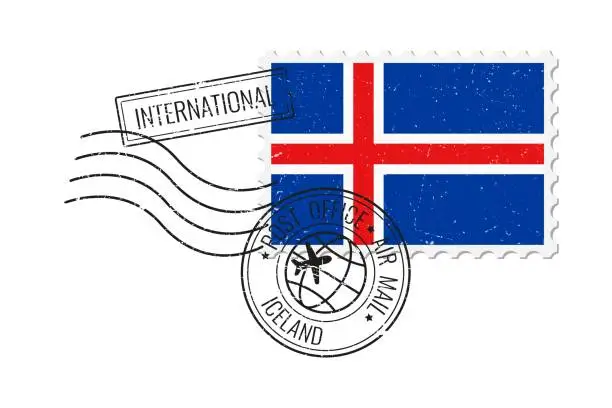 Vector illustration of Iceland grunge postage stamp. Vintage postcard vector illustration with Icelandic national flag isolated on white background. Retro style.