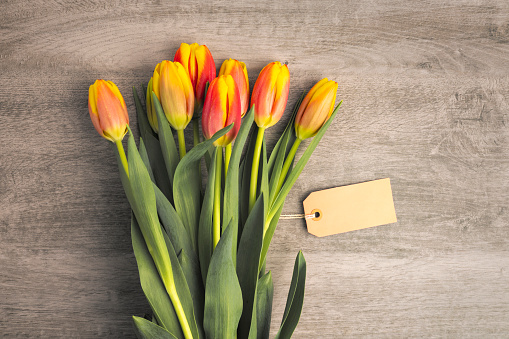 A bunch of spring tulips with a blank message tag.