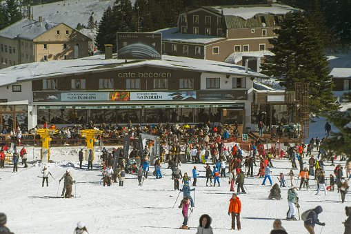 View of people enjoying winter holidays in Uludag ski center, Bursa, Turkey.\nFebruary 2nd, 2024.