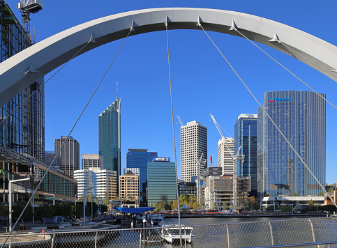 Buildings in the Perth CBD as seen from the Elizabeth Quay Bridge on a clear sky day