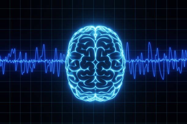 Glowing human brain with neural oscillation brainwaves passing through it on dark background. Illustration of the concept of cognitive medicine and artificial intelligence